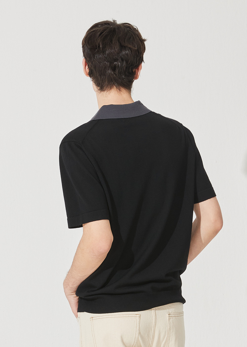 Color Block Open Shirt Half Pullover (Black)